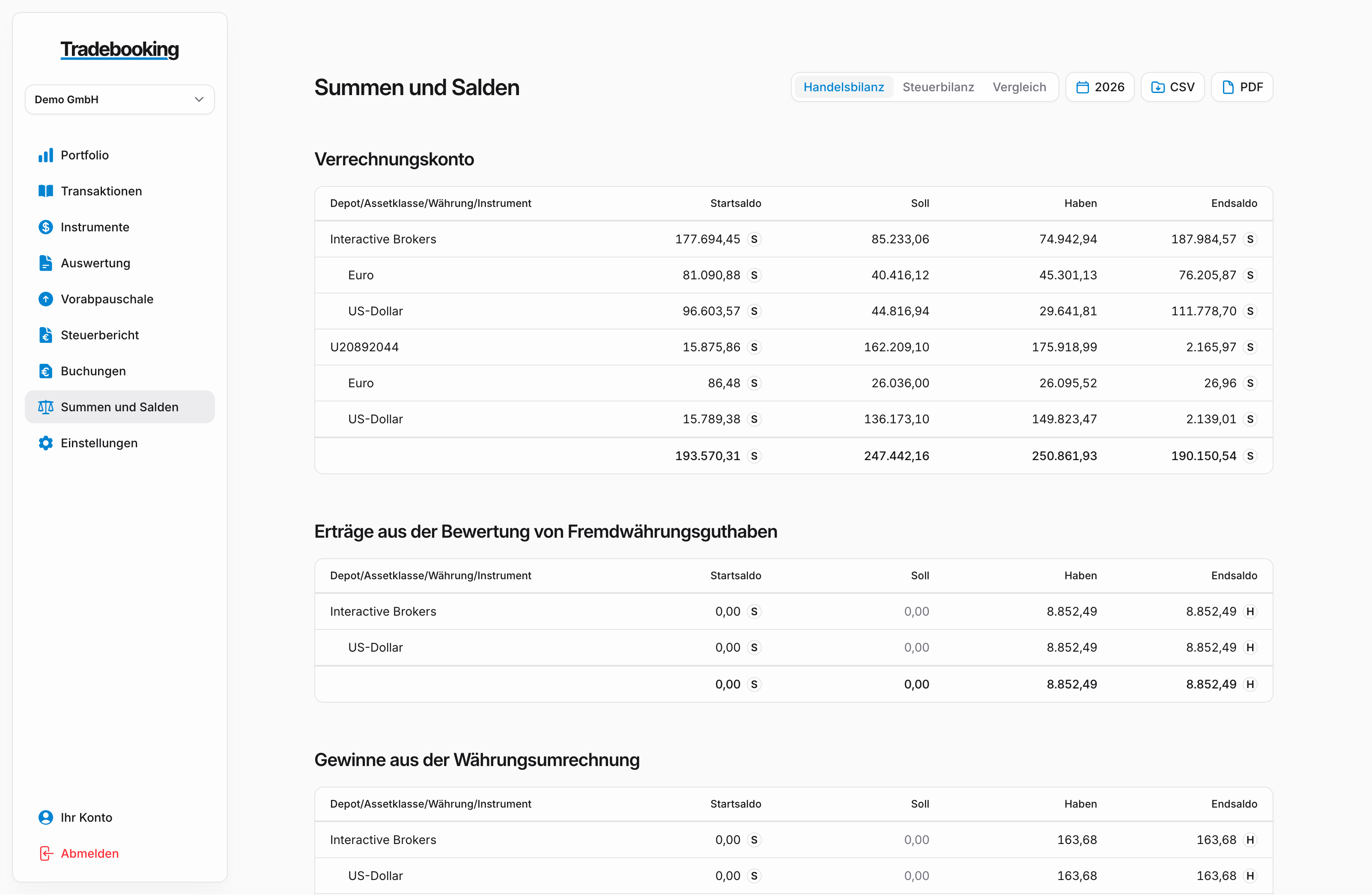 Tradebooking Anwendungsoberfläche